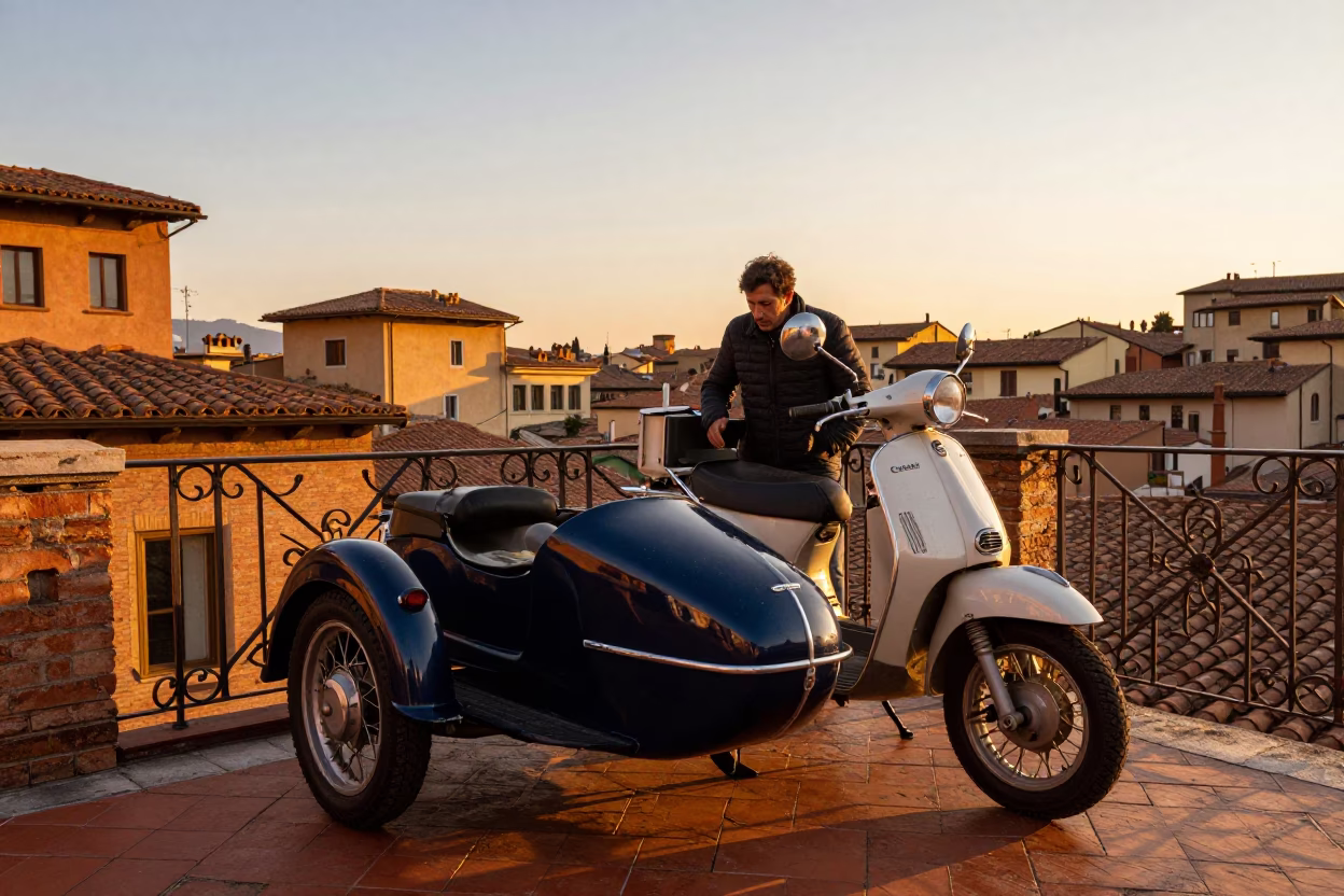 Bologna Italy Evening Street Scene with Vintage Motorcycle and Cooking Pot in in Bologna, Italy
