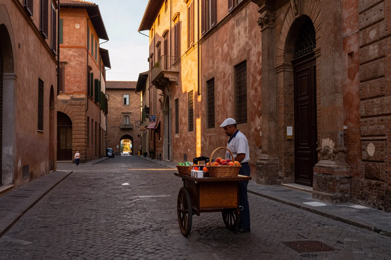 Bologna Italy Evening Street Scene with Wicker Basket and Peaches on Cobblestones in in Bologna, Italy