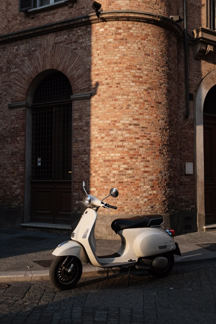 Bologna Italy First Light Street Scene with Vintage Scooter and Local Market Activity in in Bologna, Italy