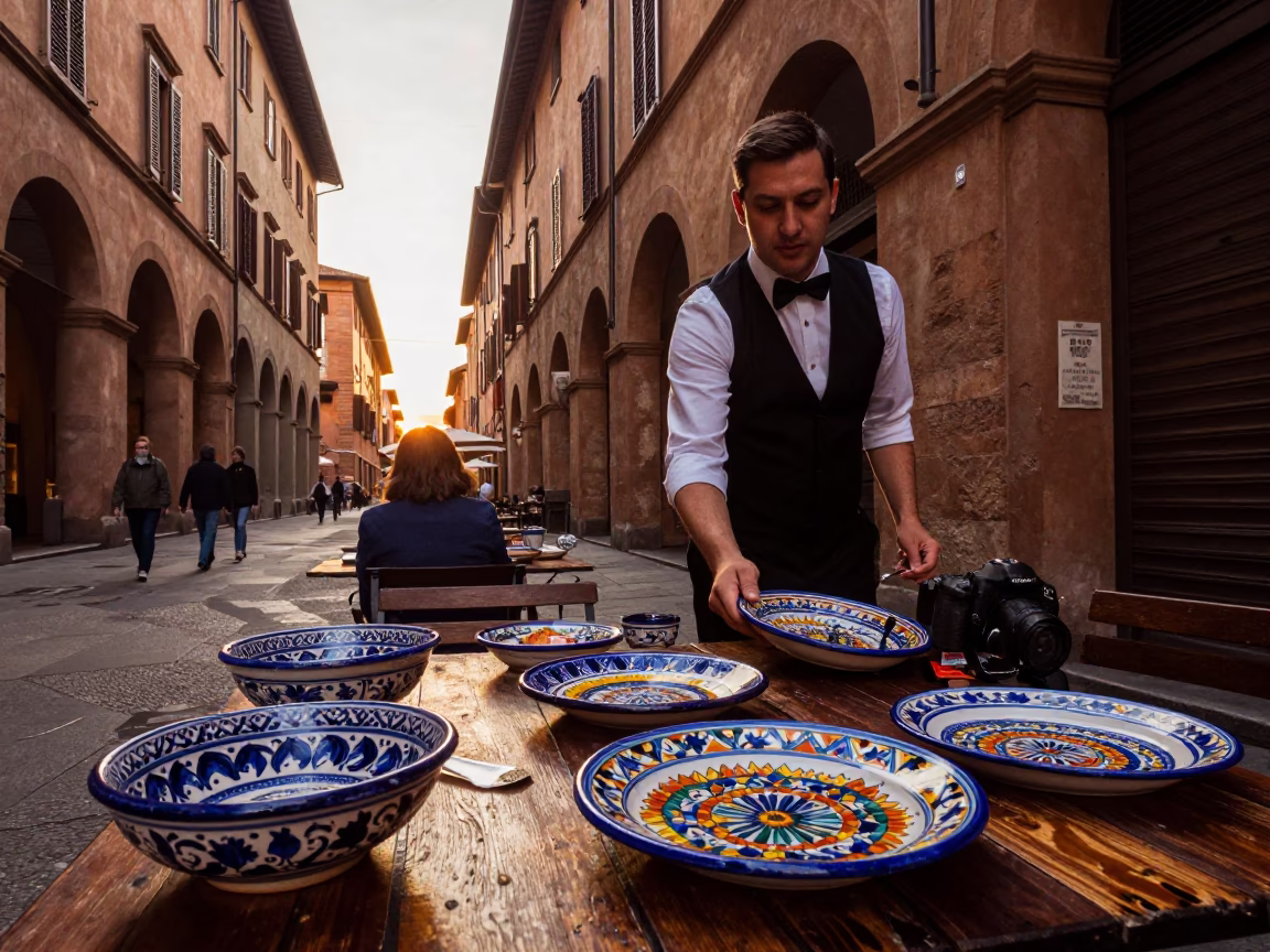 Bologna Italy Golden Hour Street Scene with Vintage Majolica and Enamel Bowls in in Bologna, Italy