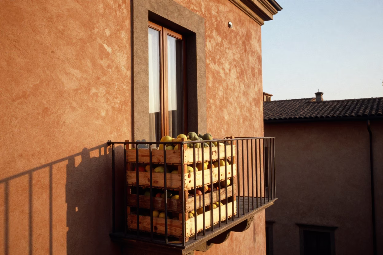 Bologna Italy honeyed evening light street scene with fruit crate and wall hook in in Bologna, Italy
