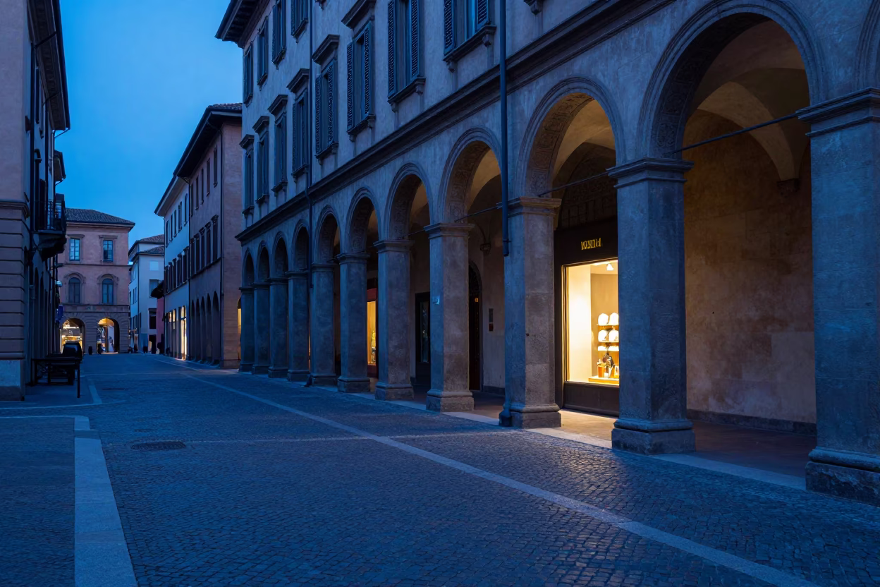 Bologna Italy Indigo Twilight Street Scene with Blue and White Porcelain Shop Display in in Bologna, Italy