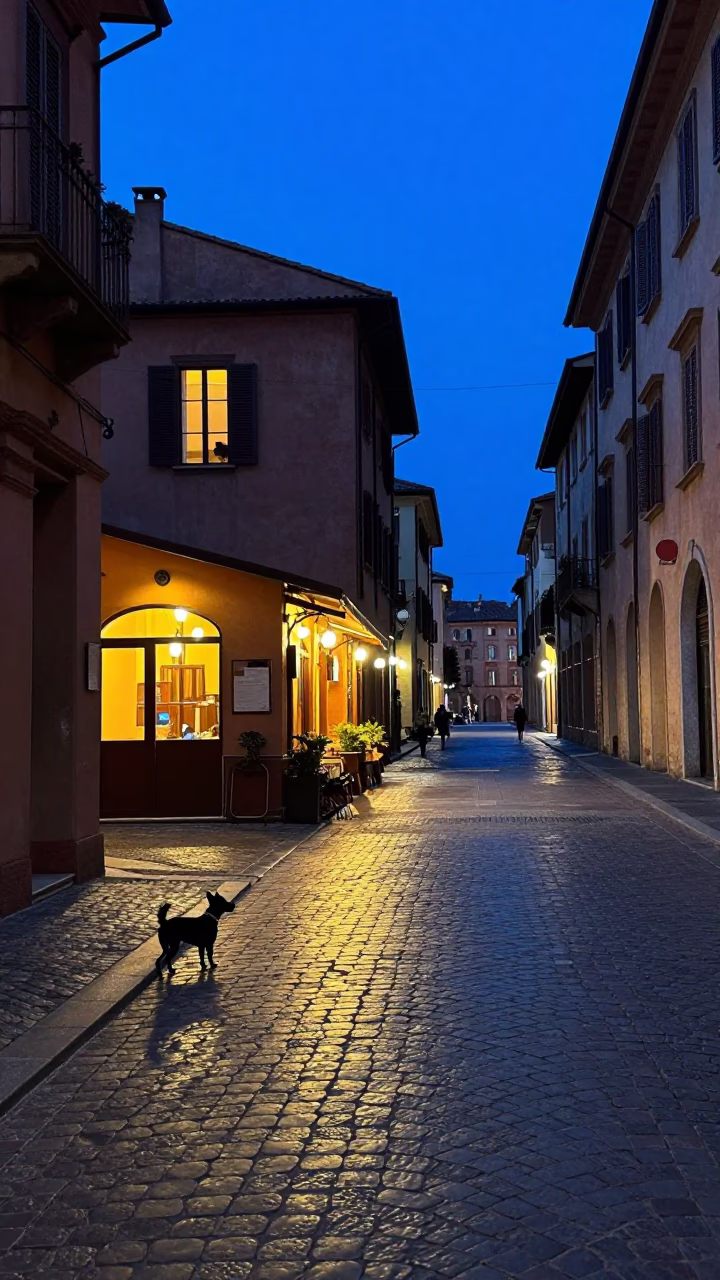 Bologna Italy Indigo Twilight Street Scene with Gnocchi and Local Dining in in Bologna, Italy