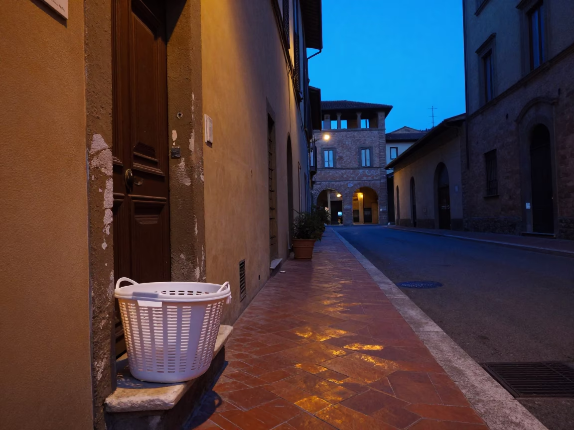 Bologna Italy indigo twilight street scene with laundry basket and traditional architecture in in Bologna, Italy