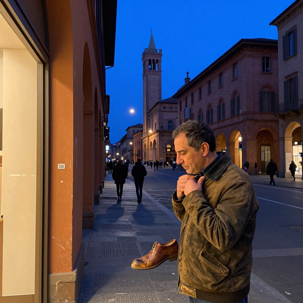 Bologna Italy indigo twilight street scene with local life and architecture in in Bologna, Italy