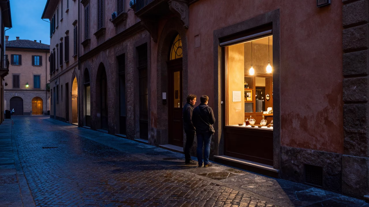 Bologna Italy indigo twilight street scene with plate of Hungarian goulash in in Bologna, Italy
