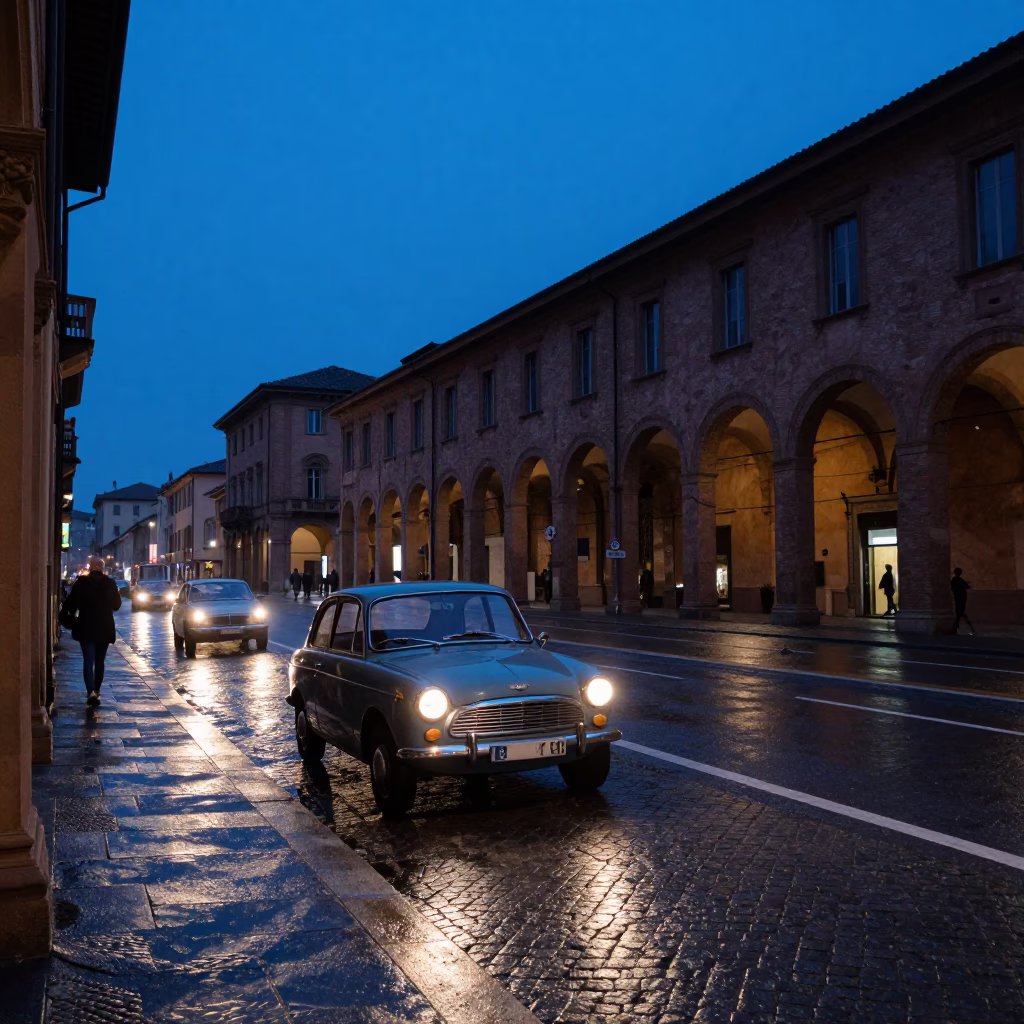 Bologna Italy indigo twilight street scene with vintage car and historic architecture in in Bologna, Italy