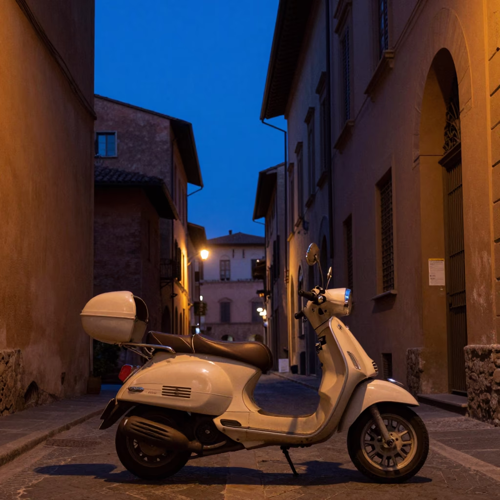 Bologna Italy Indigo Twilight Street Scene with Vintage Motorcycle and Local Interaction in in Bologna, Italy