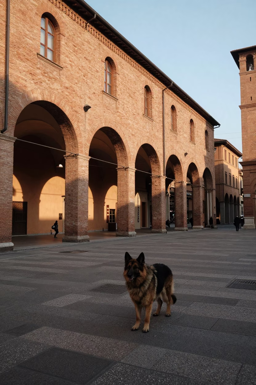 Bologna Italy Late Afternoon Street Scene with Bohemian Shepherd and Cobblestone Architecture in in Bologna, Italy
