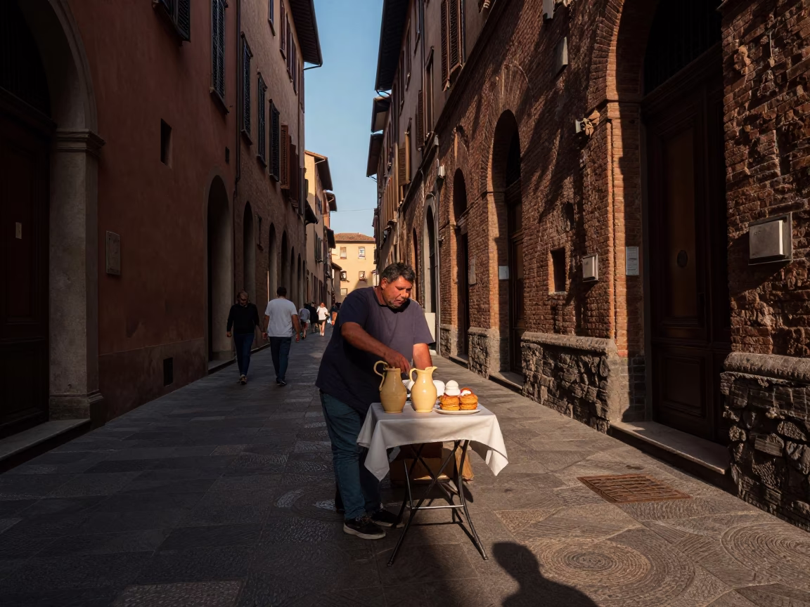 Bologna Italy Late Afternoon Street Scene with Ceramic Pitcher and Traditional Ribollita in in Bologna, Italy