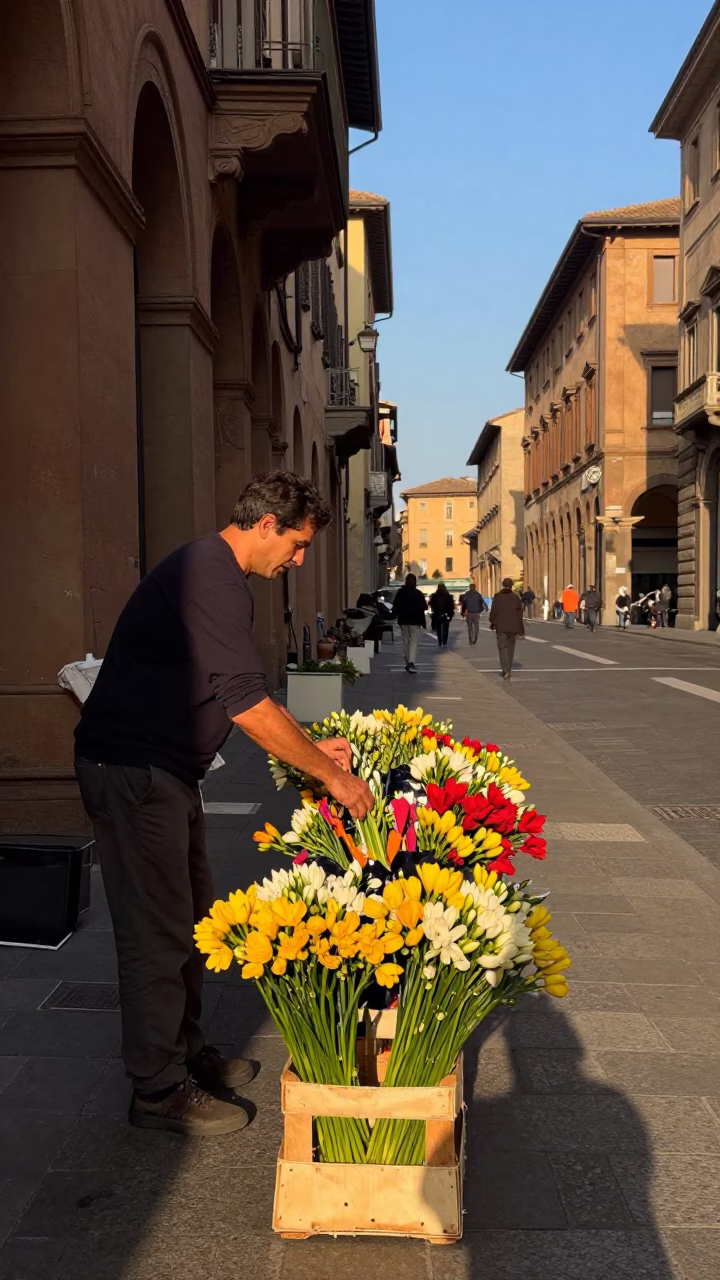 Bologna Italy Late Afternoon Street Scene with Fresia Flowers and Historic Architecture in in Bologna, Italy