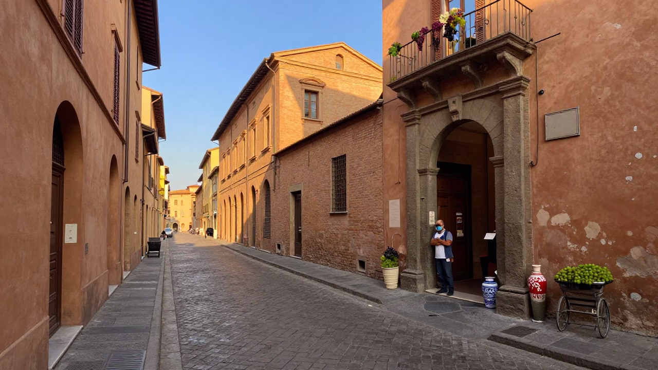 Bologna Italy Late Afternoon Street Scene with Grapes and Ceramic Jar in in Bologna, Italy