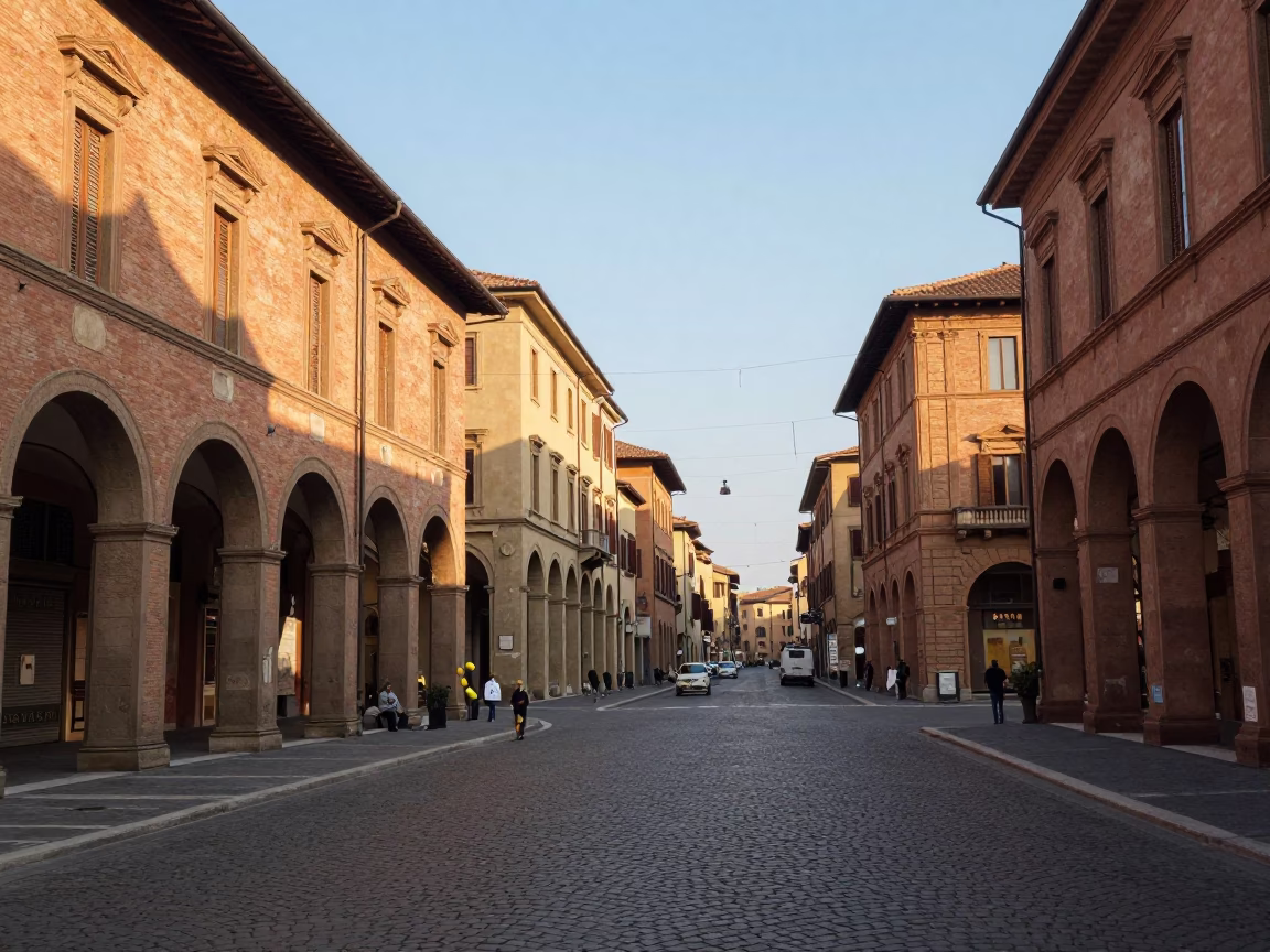 Bologna Italy Late Afternoon Street Scene with Lemons and Cobblestones in in Bologna, Italy