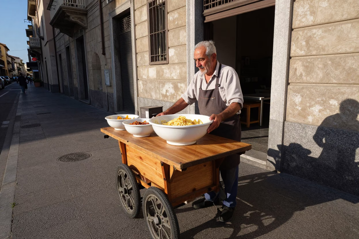 Bologna Italy Late Afternoon Street Scene with Serving Bowls and Ladle in in Bologna, Italy