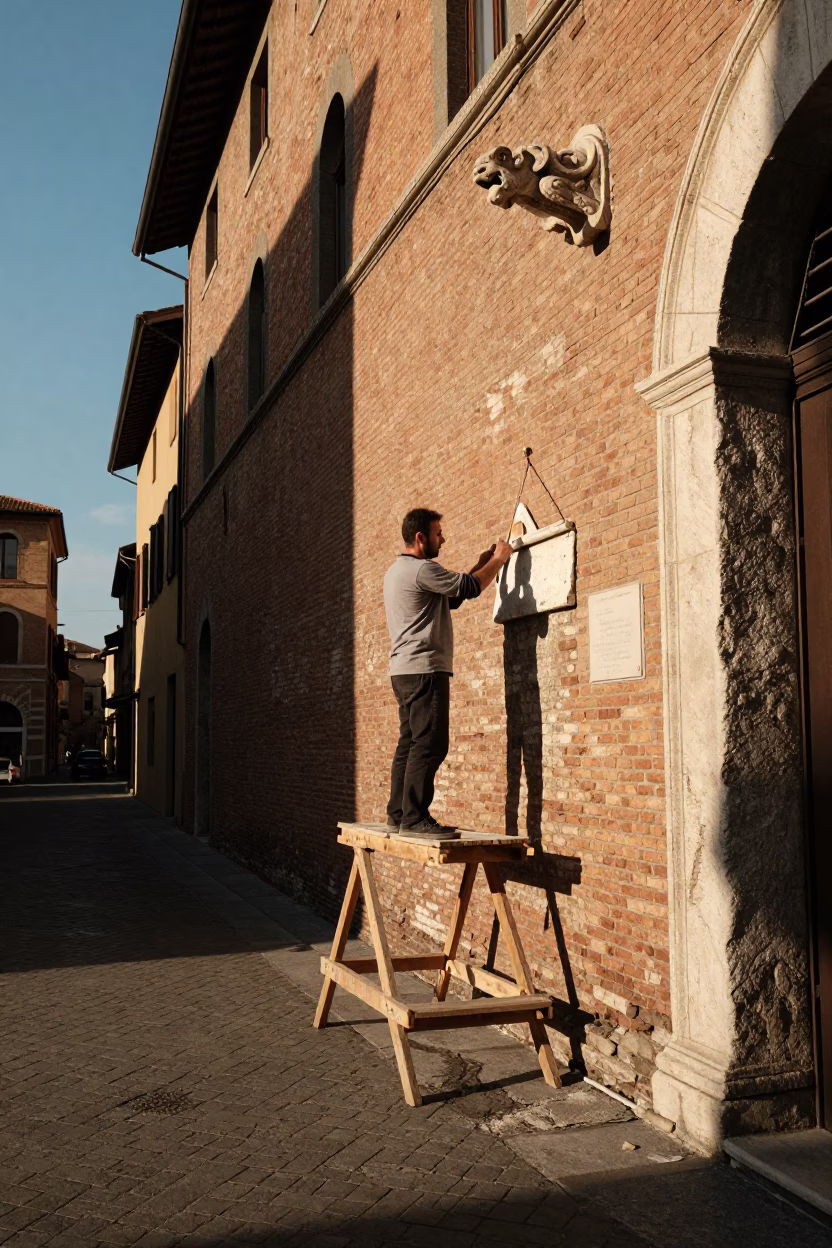 Bologna Italy Late Afternoon Street Scene with Stone Mason and Beaded Sandals in in Bologna, Italy