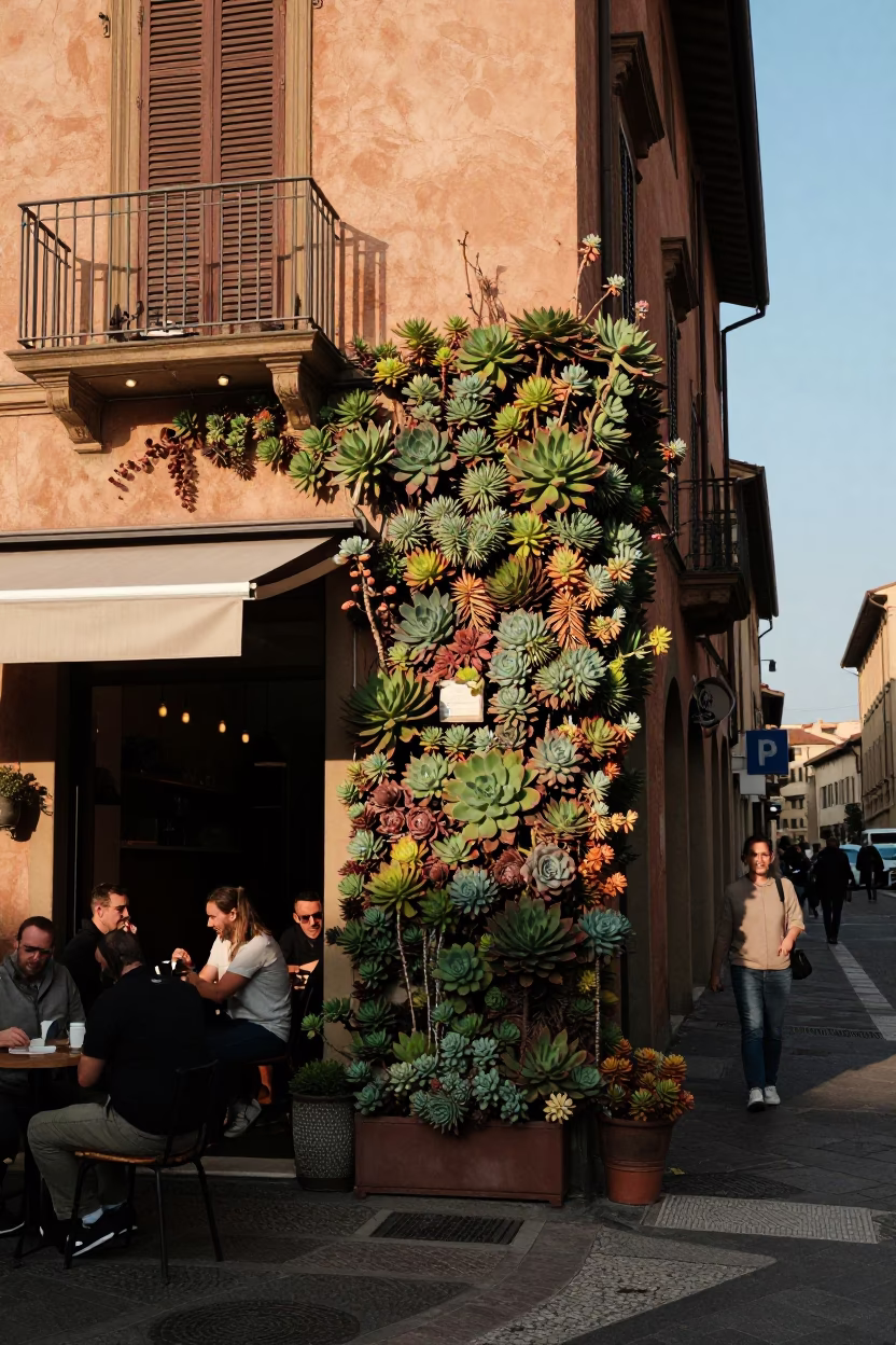 Bologna Italy Late Afternoon Street Scene with Succulents and Local Life in in Bologna, Italy