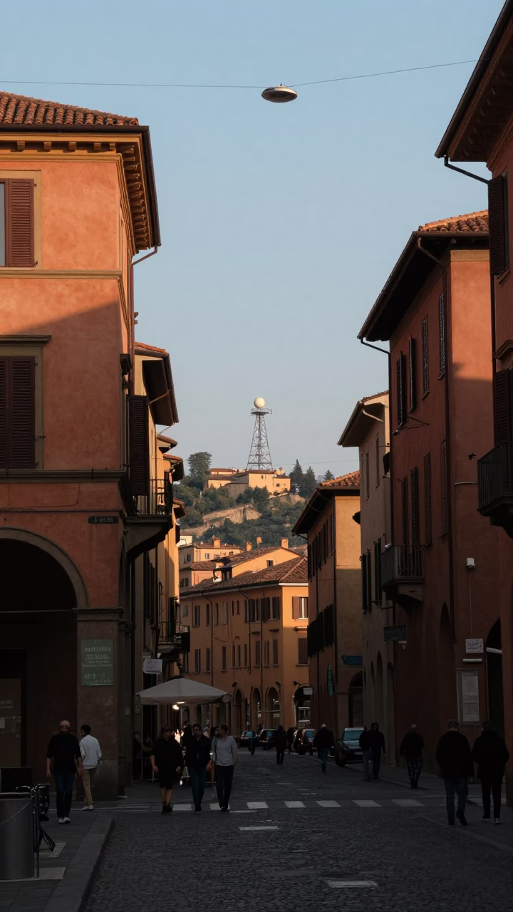 Bologna Italy late afternoon street scene with traditional architecture and local life in in Bologna, Italy