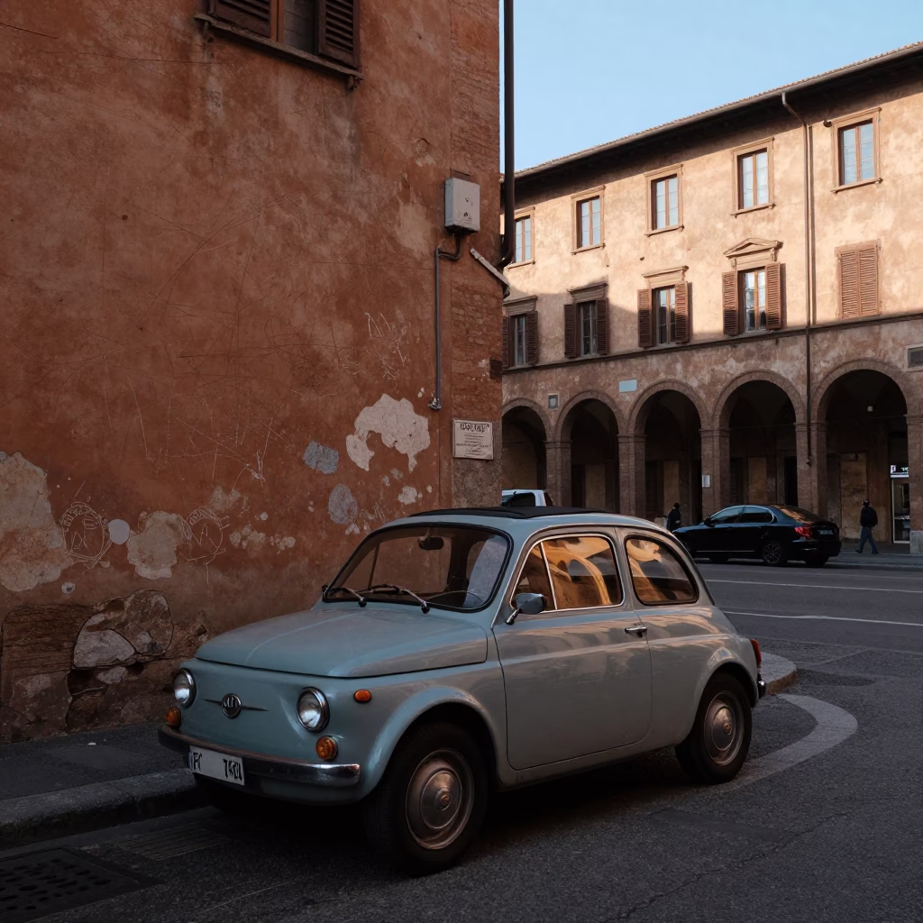 Bologna Italy Late Afternoon Street Scene with Vintage Car and Scratched Wall in in Bologna, Italy