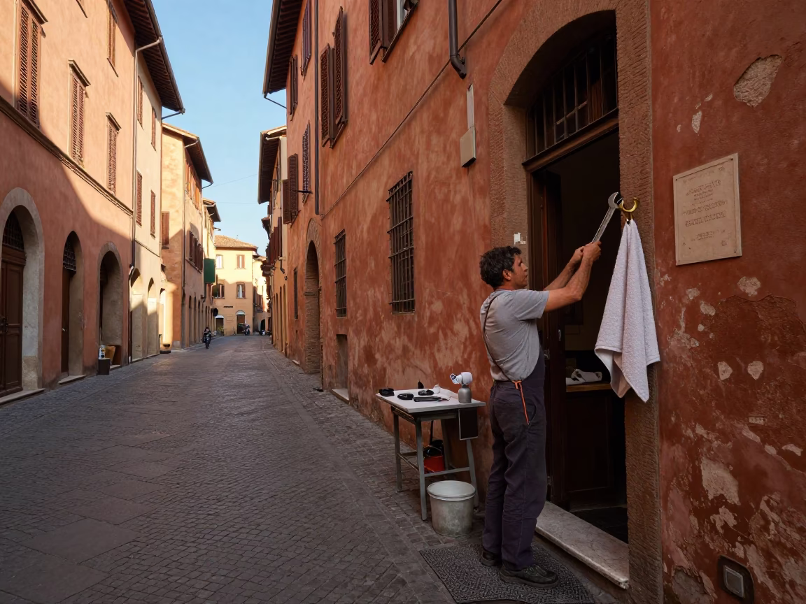Bologna Italy Late Afternoon Street Scene with Wrench and Towel Hook in in Bologna, Italy