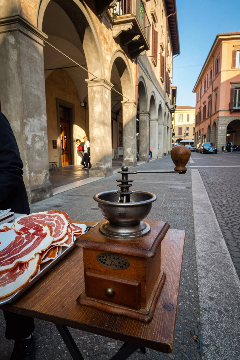 Bologna Italy Late Morning Street Scene with Vintage Coffee Grinder and Sage Leaves in in Bologna, Italy