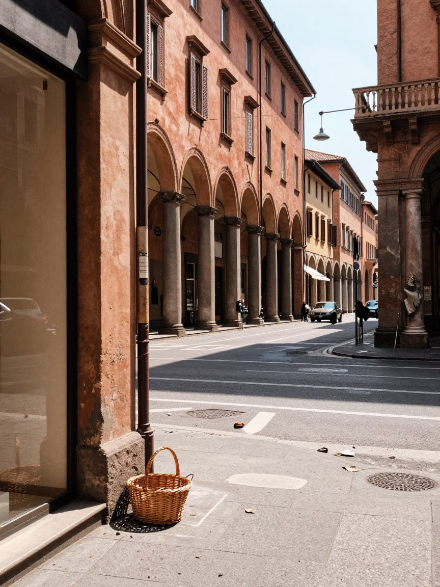 Bologna Italy Midday Street Scene with Scattered Debris and Urban Life in in Bologna, Italy