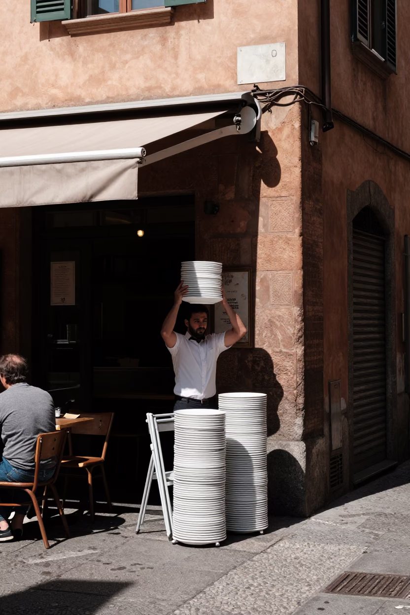 Bologna Italy Midday Street Scene with Stacked Plates and Folding Stools in in Bologna, Italy