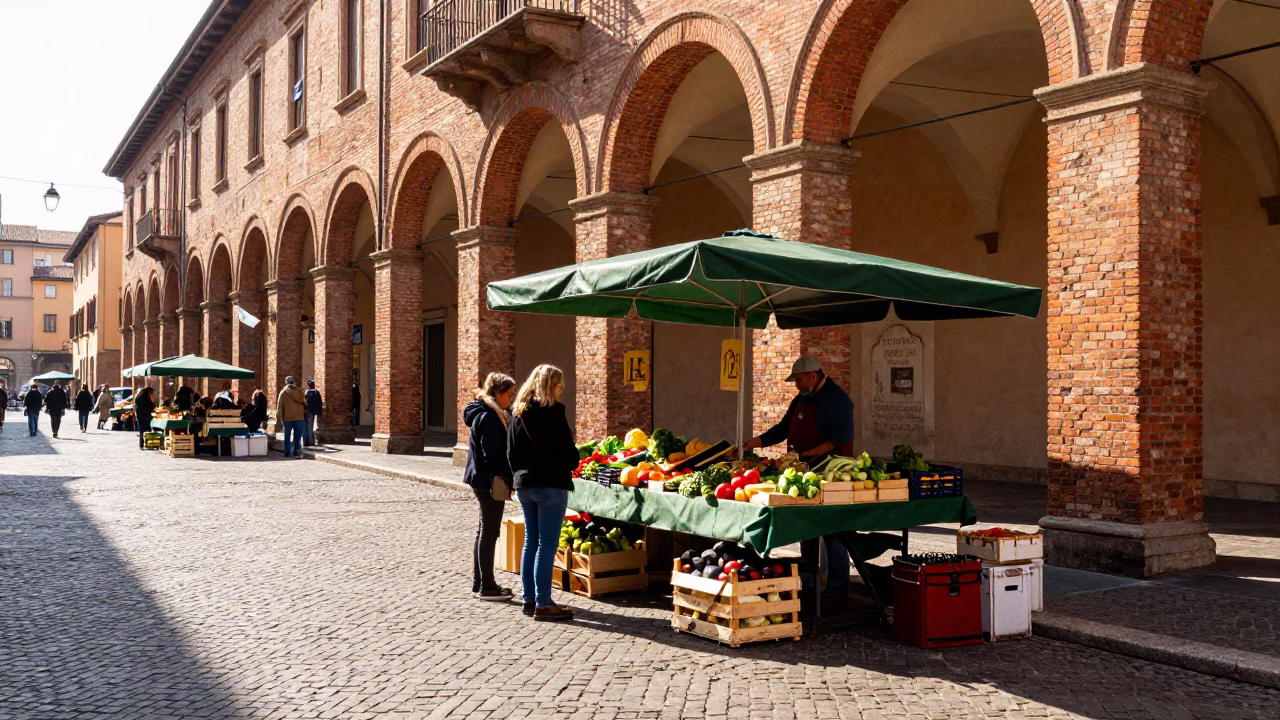 Bologna Italy Midmorning Street Scene with Local Market Details in in Bologna, Italy