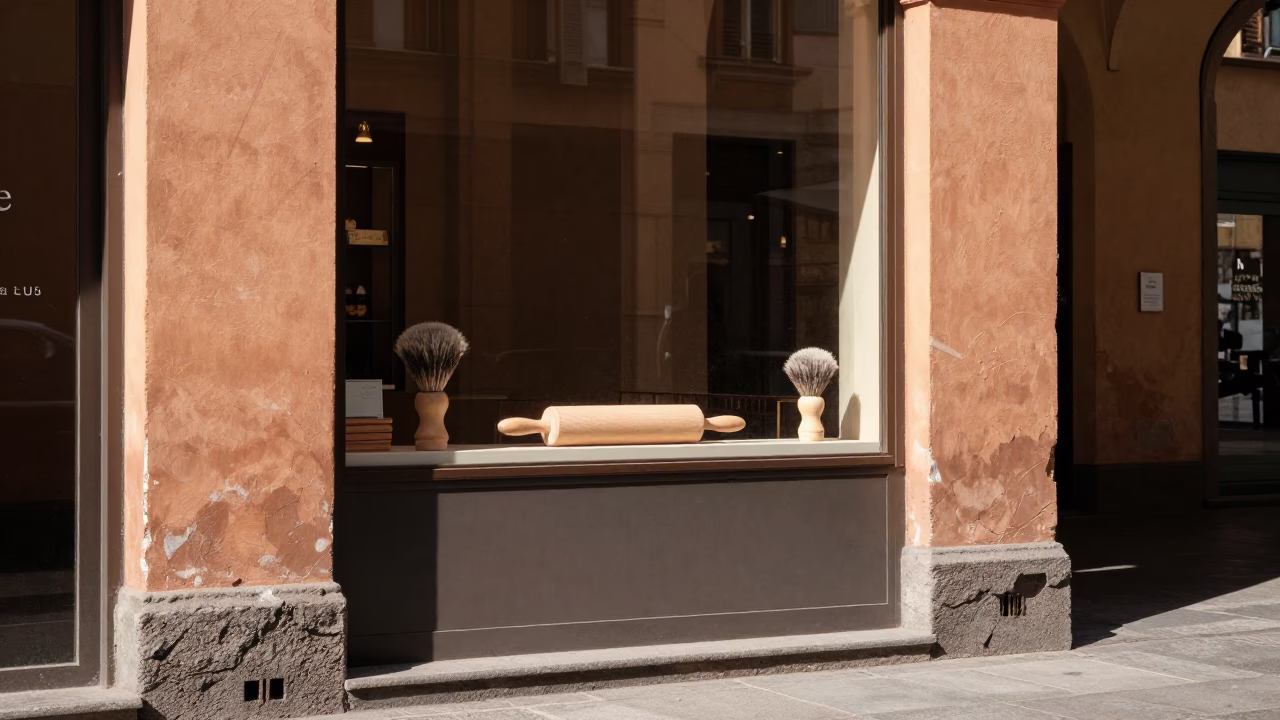 Bologna Italy Midmorning Street Scene with Shaving Brush and Rolling Pin in in Bologna, Italy
