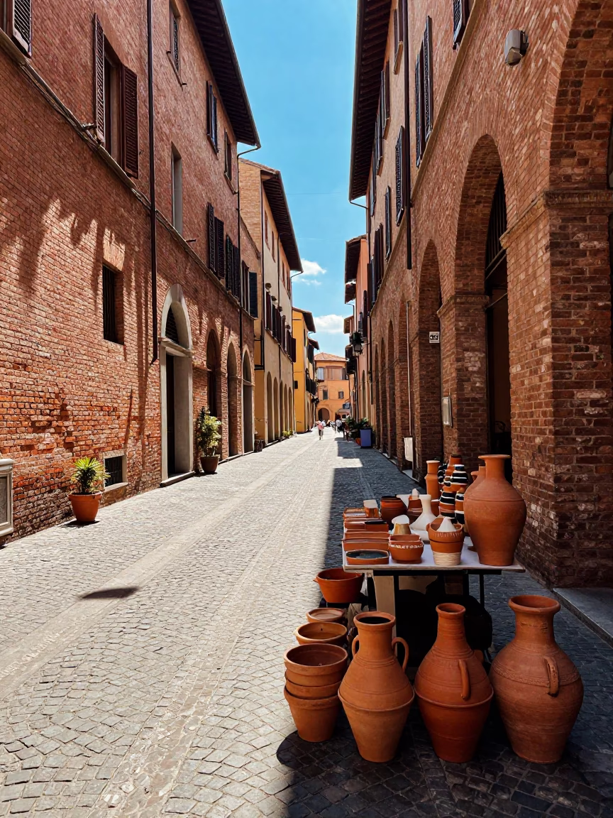 Bologna Italy Midmorning Street Scene with Terracotta Pots and Blue White Porcelain on Cobblestone in in Bologna, Italy