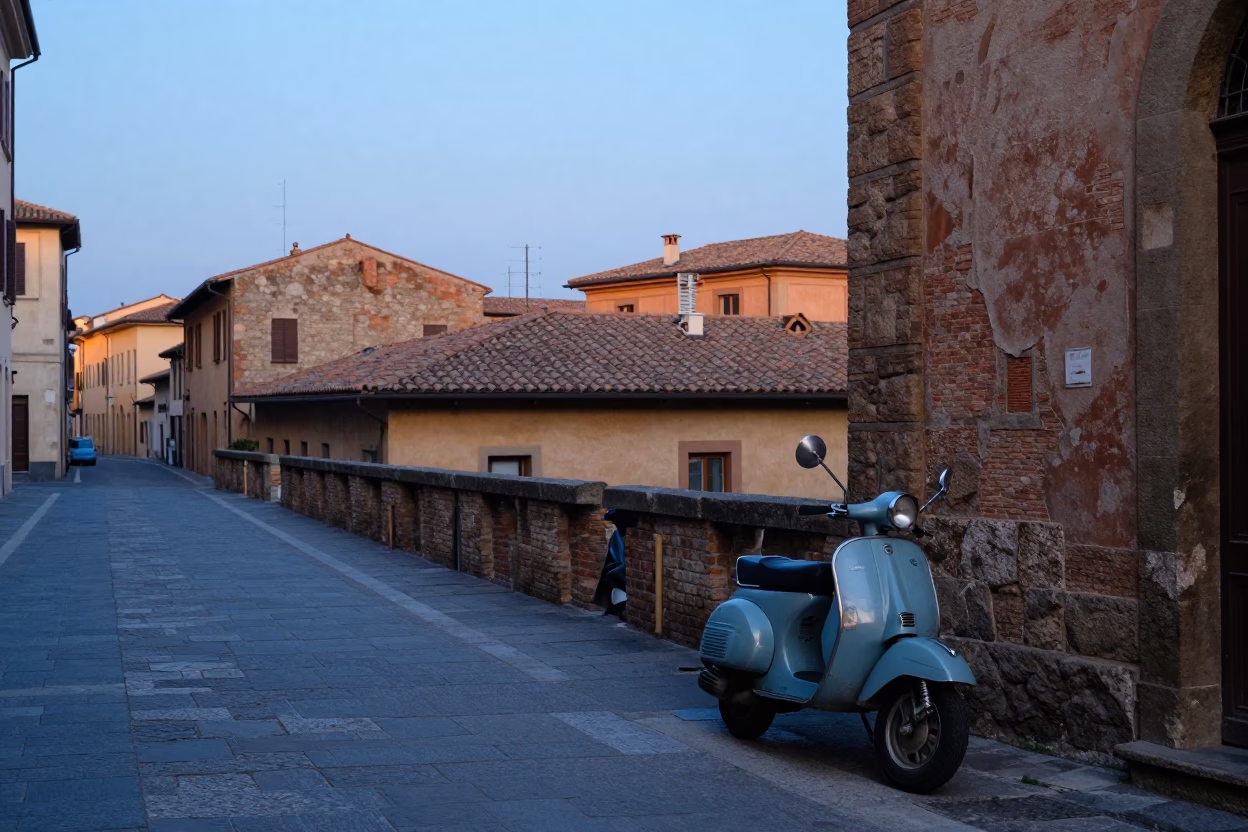 Bologna Italy Morning Street Scene with Vintage Scooter and Stone Architecture in in Bologna, Italy