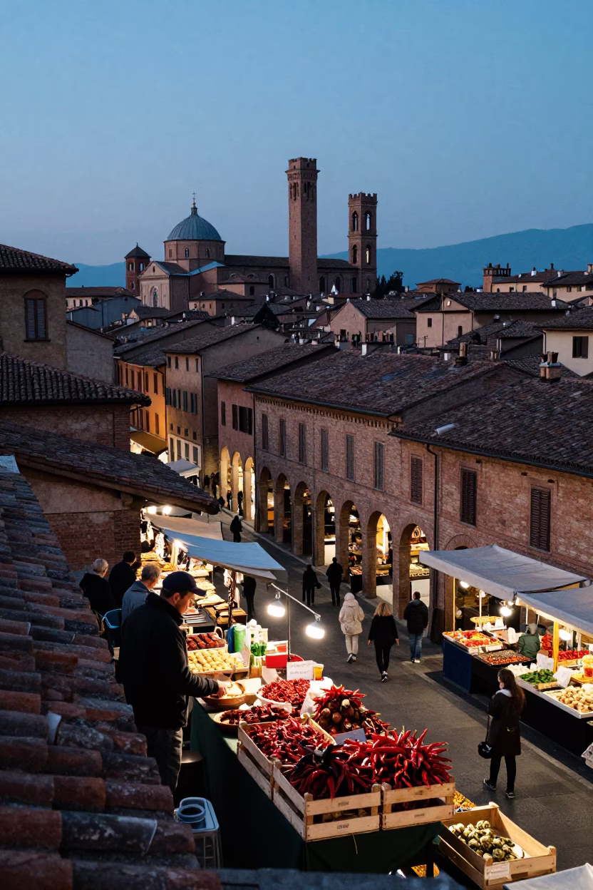 Bologna Italy Nautical Dawn Street Scene with Food Market and Local Life in in Bologna, Italy