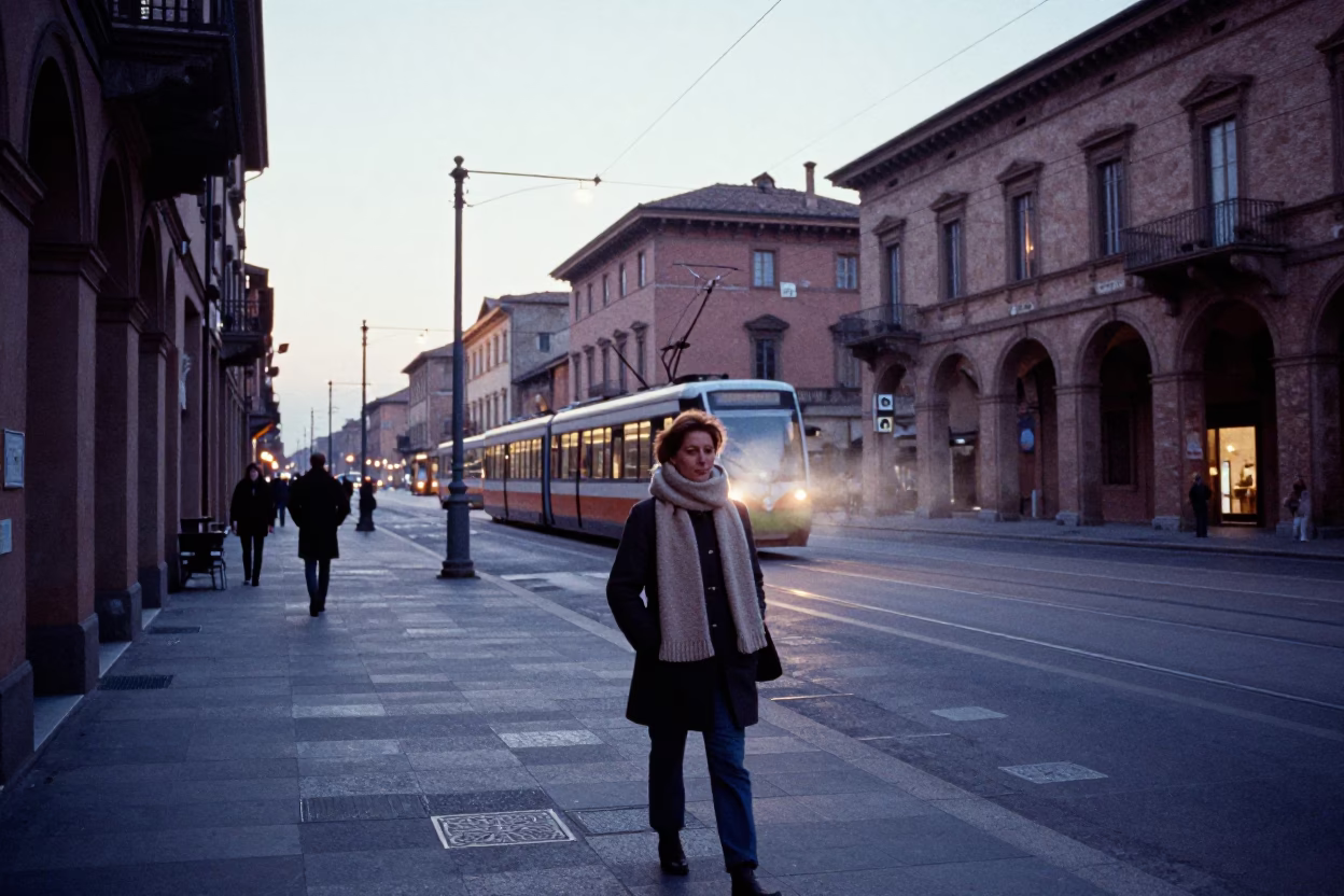 Bologna Italy Nautical Dawn Street Scene with Funicular and Autumn Leaves in in Bologna, Italy