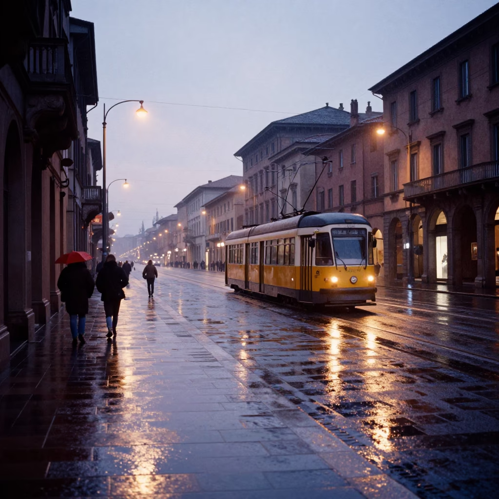 Bologna Italy Nautical Dawn Street Scene with Tram and Rain in in Bologna, Italy