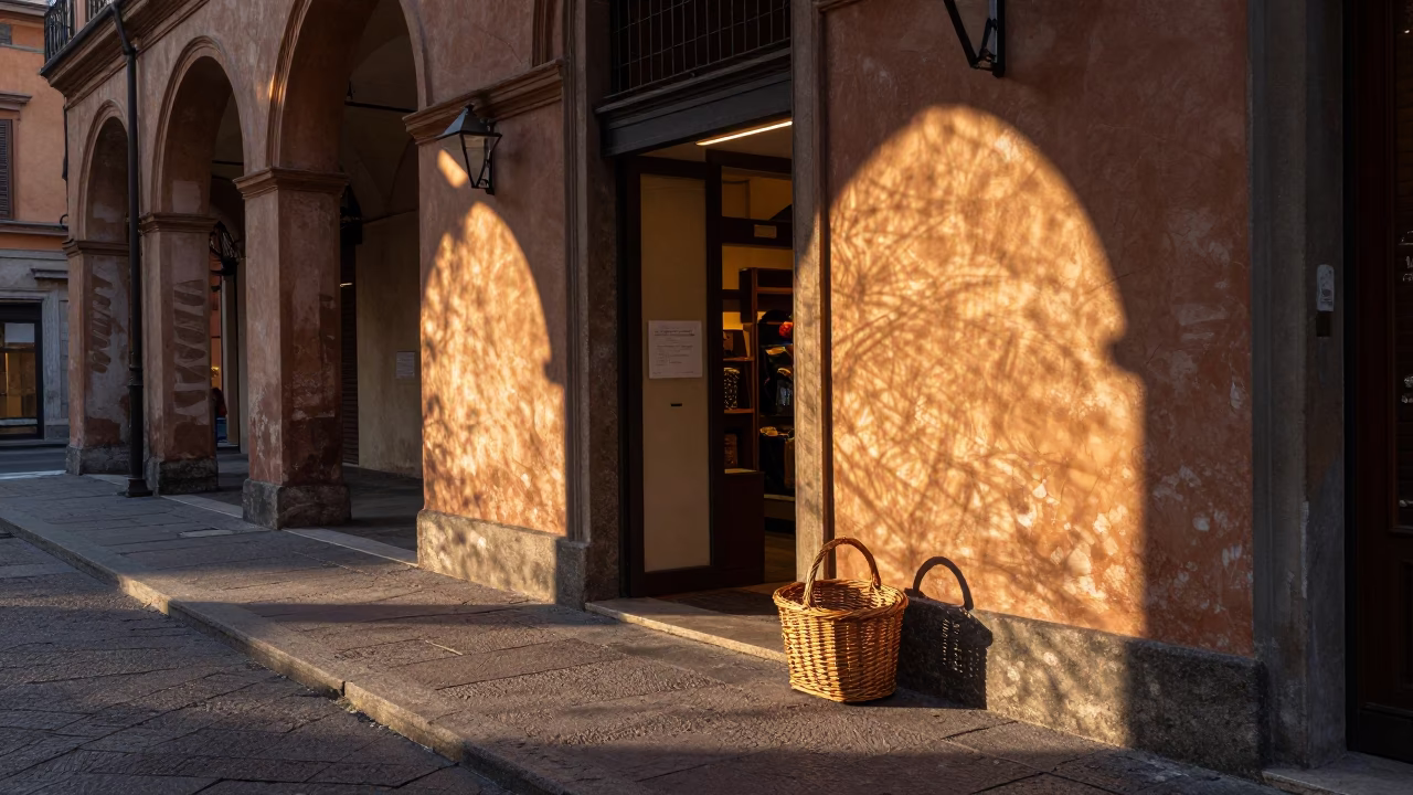 Bologna Italy Nautical Dawn Street Scene with Wicker Shadow on Plaster Wall in in Bologna, Italy