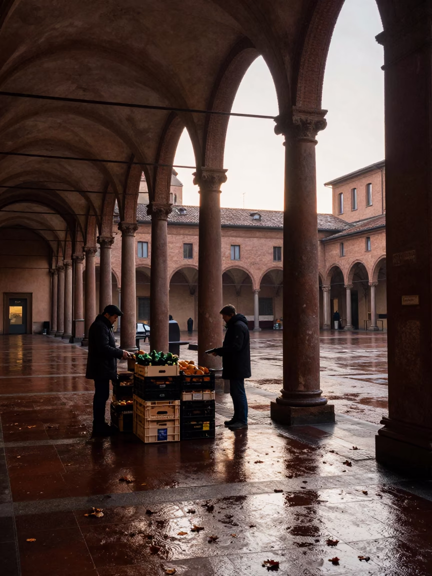 Bologna Italy Nautical Dawn University Arcade Wet Leaves Skittering Between Columns Candid Street Scene in in Bologna, Italy