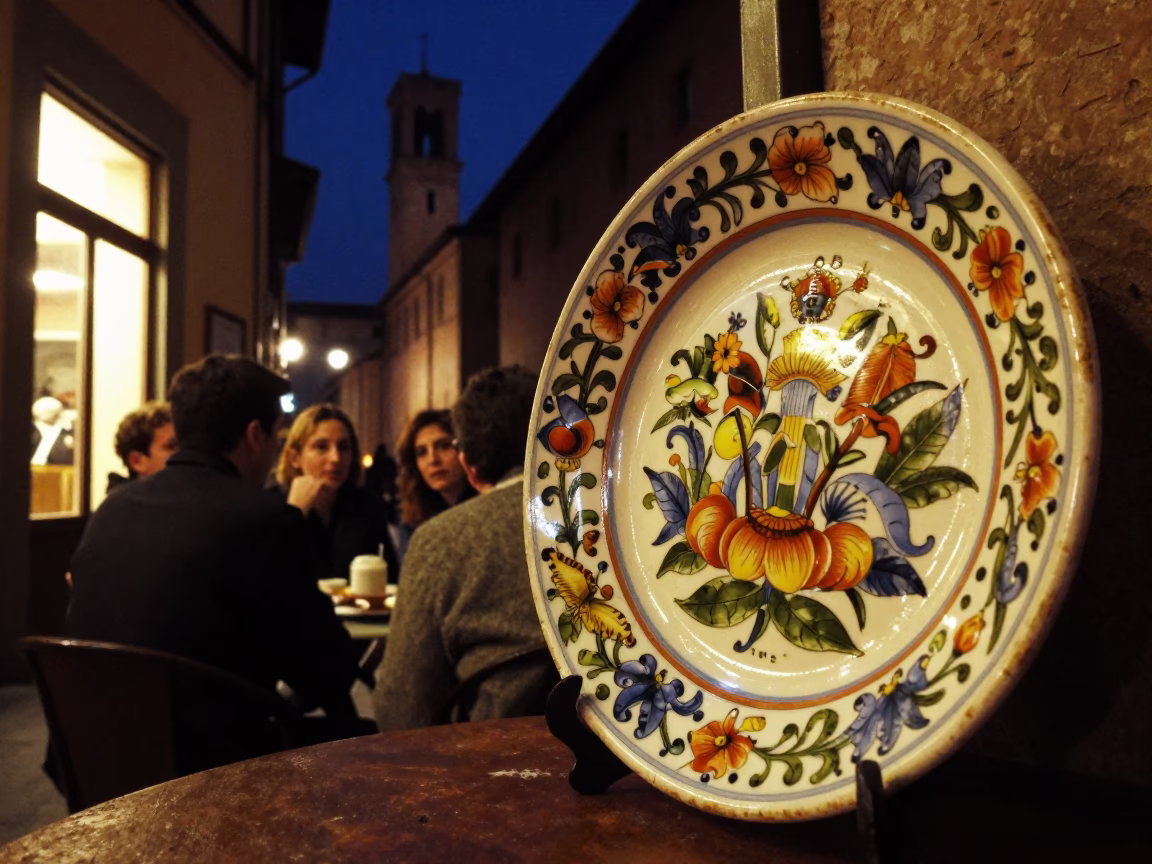 Bologna Italy Night Street Scene with Vintage Majolica Plate and Historic Architecture in in Bologna, Italy