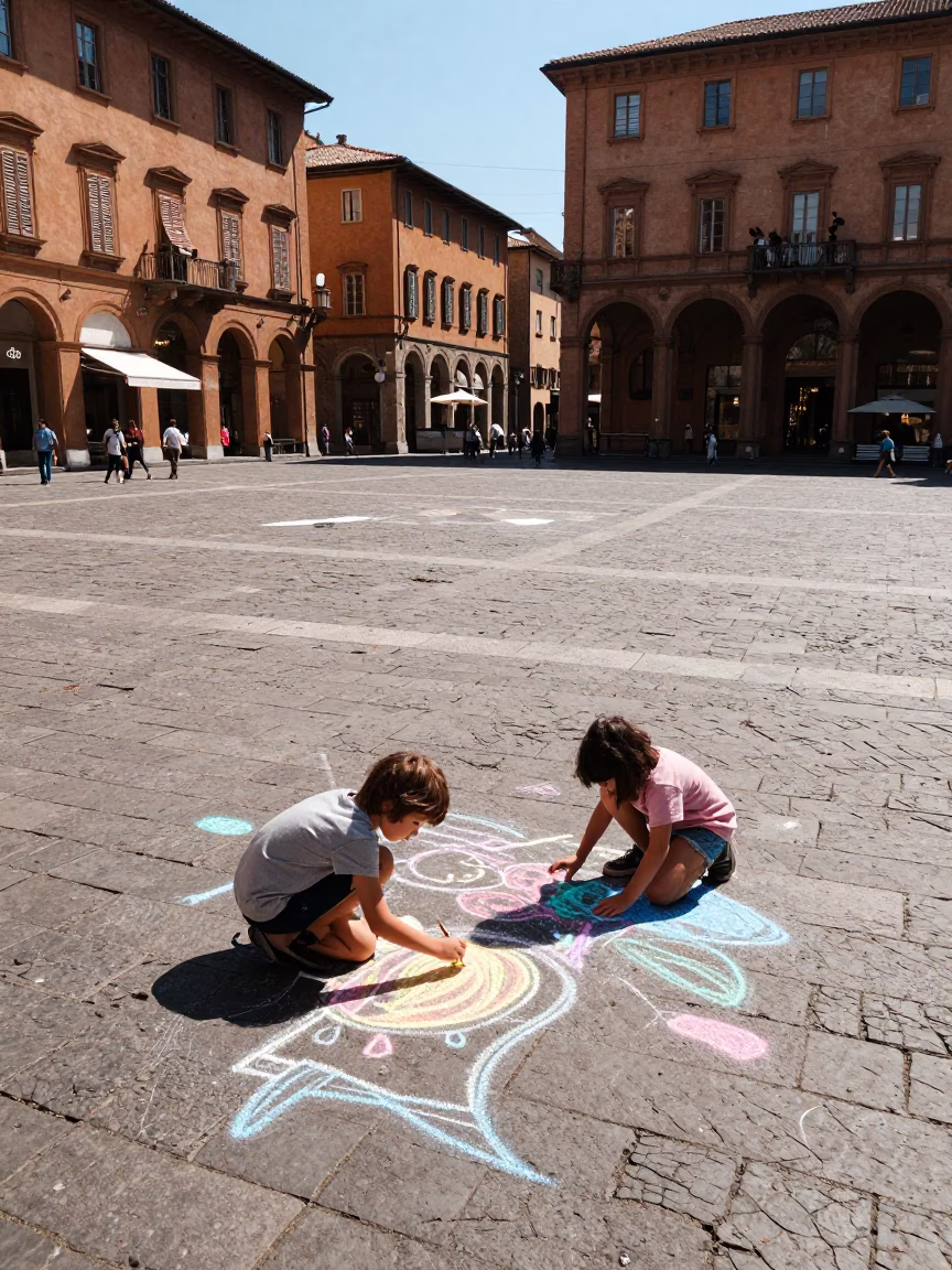 Bologna Italy noon street scene with children drawing chalk art on historic cobblestone sidewalk in in Bologna, Italy