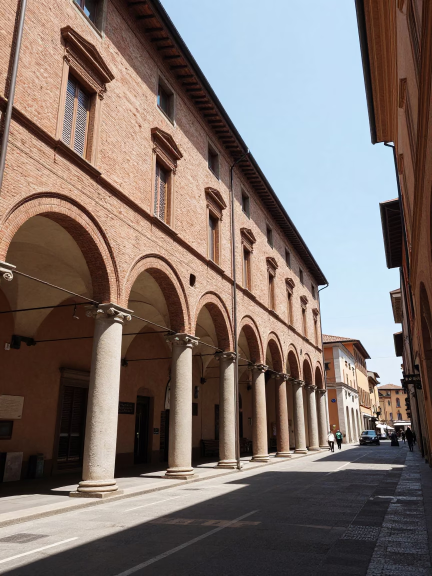 Bologna Italy Noon Sunlight on Historic Porticoes and Street Life in in Bologna, Italy