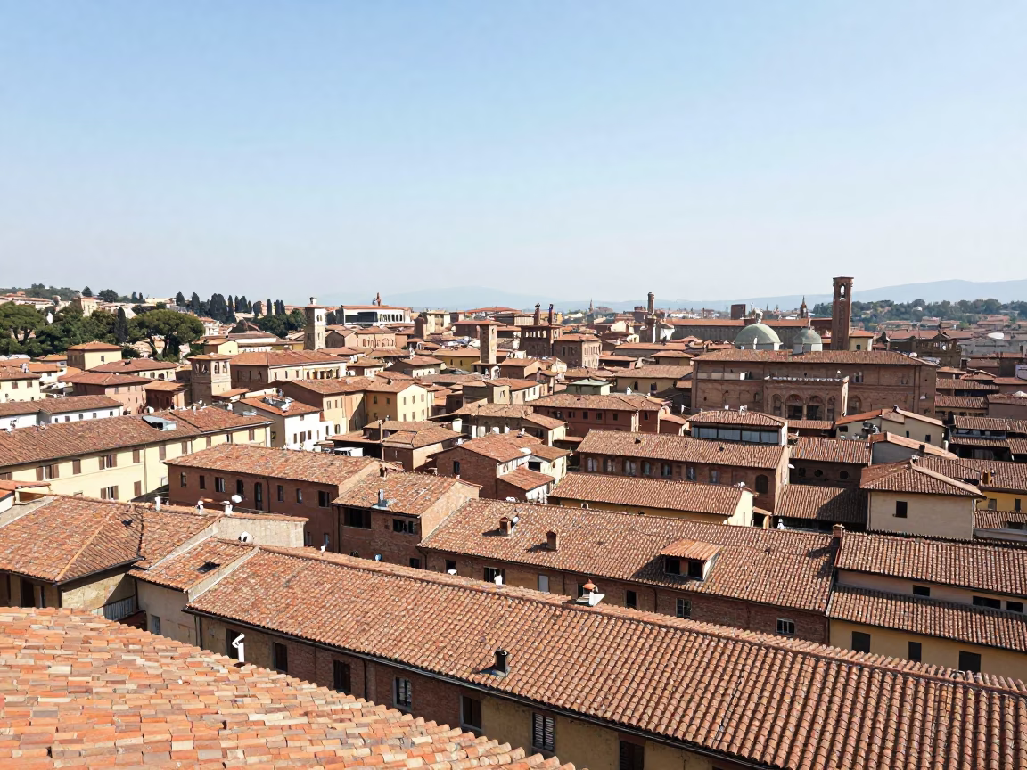 Bologna Italy Noon Sunlight Over Terracotta Roofs and Historic Skyline in in Bologna, Italy