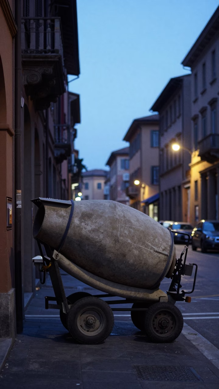 Bologna Italy pre-dawn street scene with cement mixer and folding chair in in Bologna, Italy