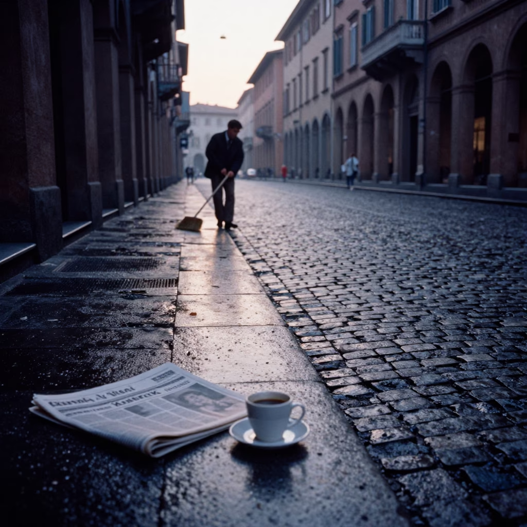 Bologna Italy pre-dawn street scene with newspaper and coffee cup in in Bologna, Italy
