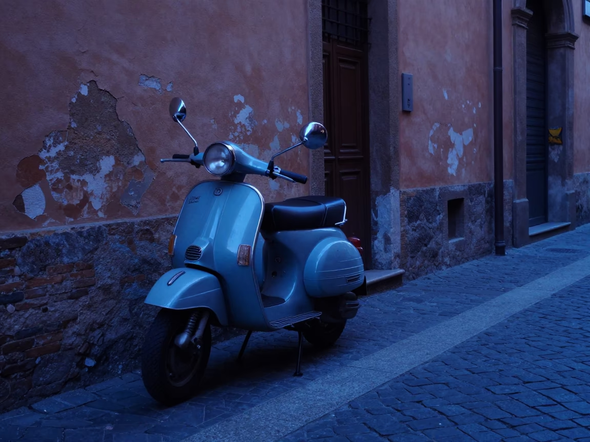Bologna Italy pre-dawn street scene with vintage scooter and morning coffee cups in in Bologna, Italy