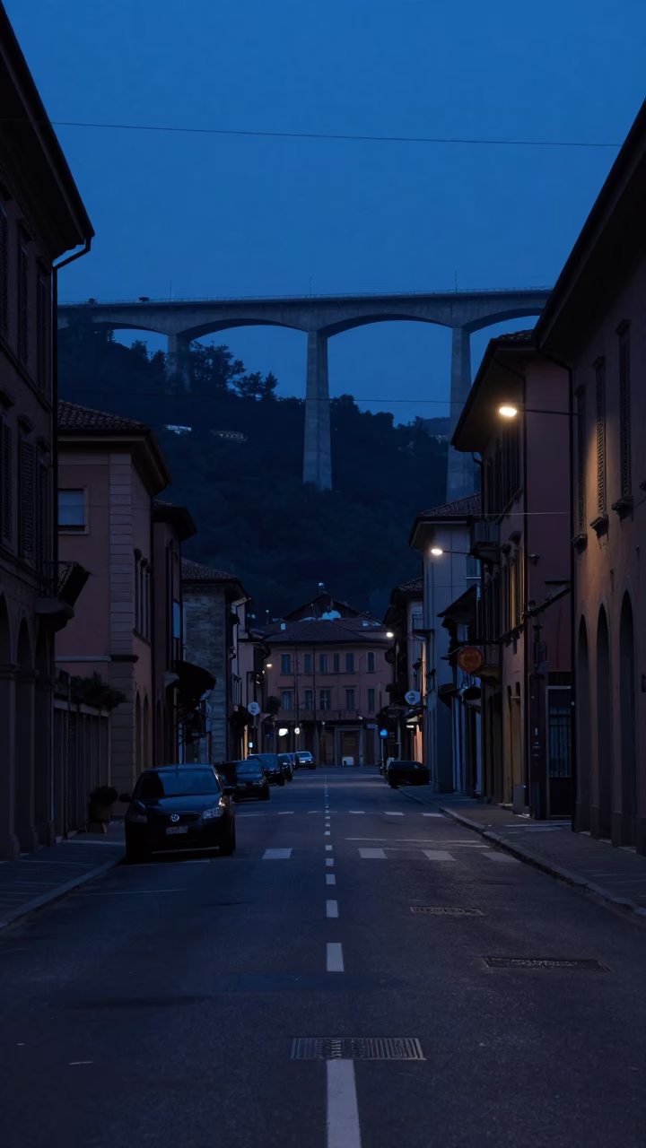 Bologna Italy Predawn Street Scene with Concrete Viaduct and Urban Infrastructure in in Bologna, Italy