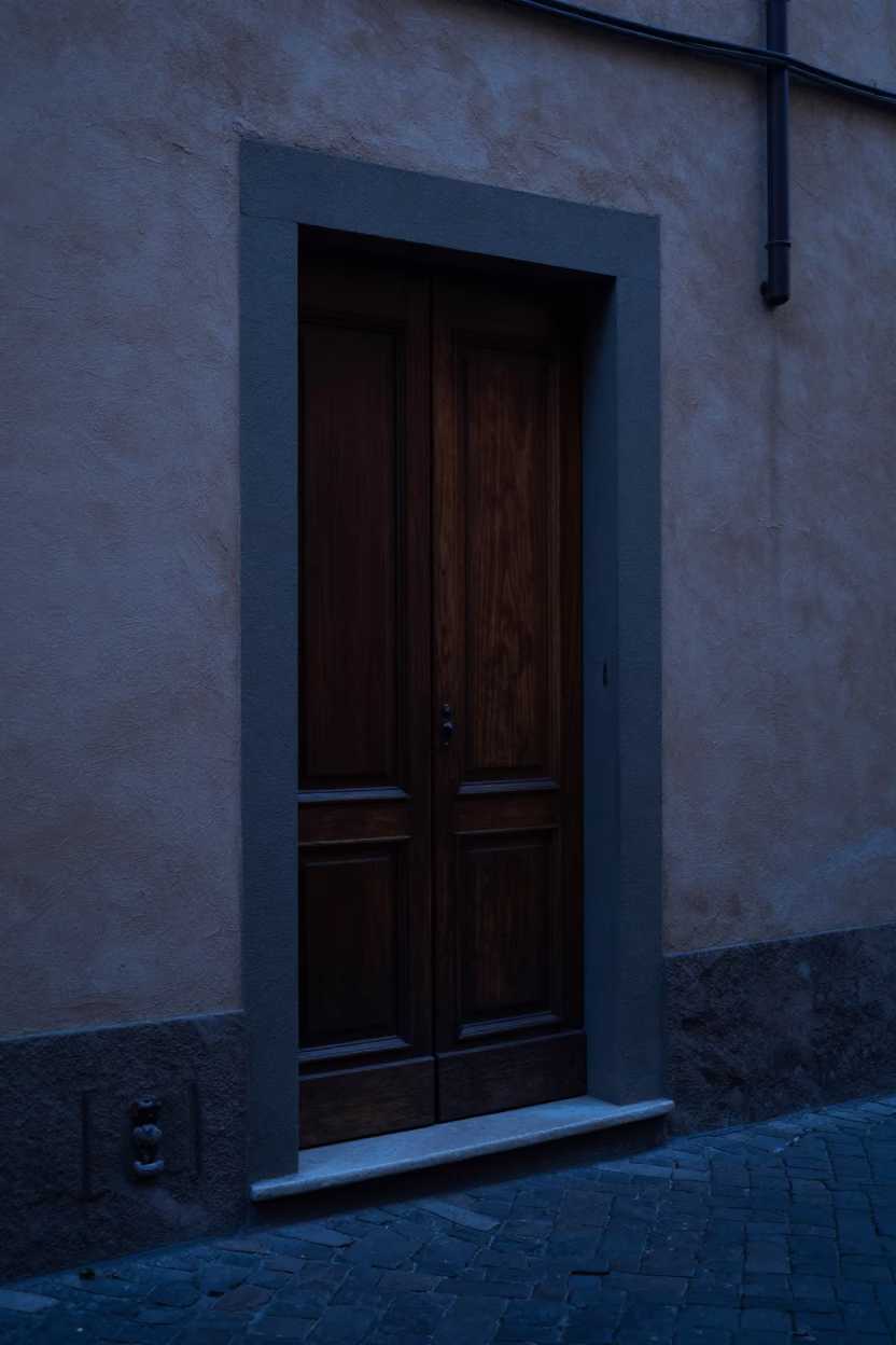 Bologna Italy Predawn Street Scene with Door Latch and Linen Fringe Detail in in Bologna, Italy