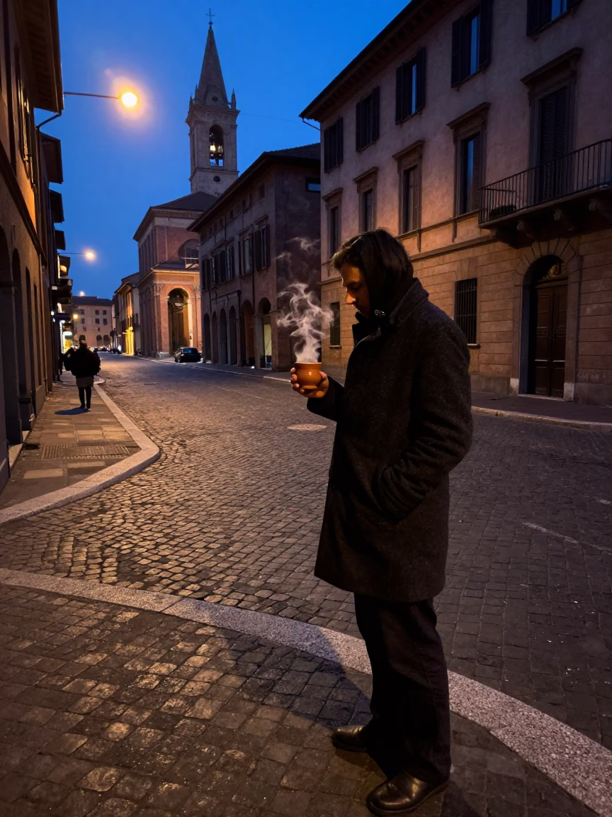 Bologna Italy predawn street scene with steaming clay cup and grill vendor in in Bologna, Italy