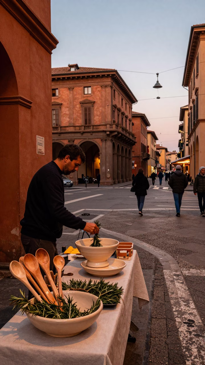 Bologna Italy street corner at dusk with rosemary sprigs and rustic kitchen utensil crock in in Bologna, Italy