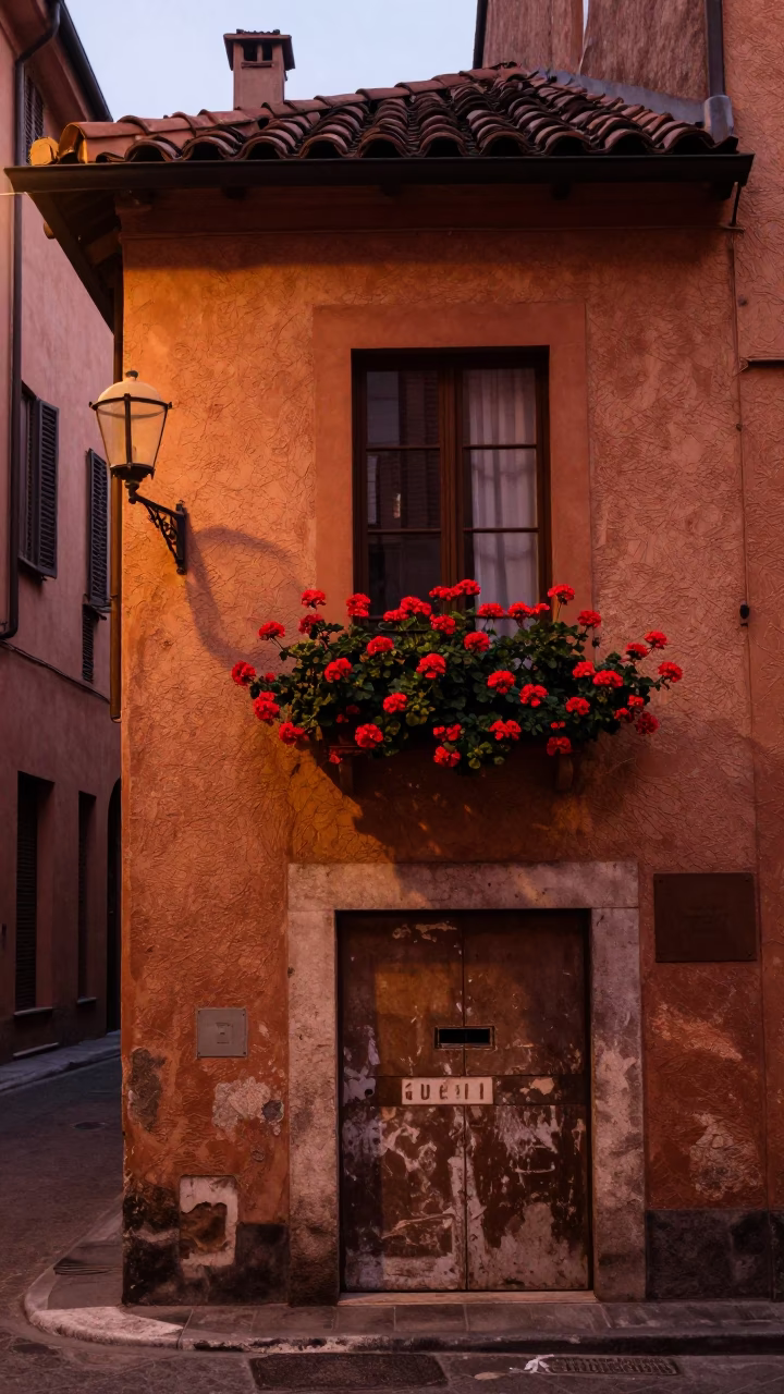 Bologna Italy street corner with geraniums and wall sconce in copper dusk light in in Bologna, Italy