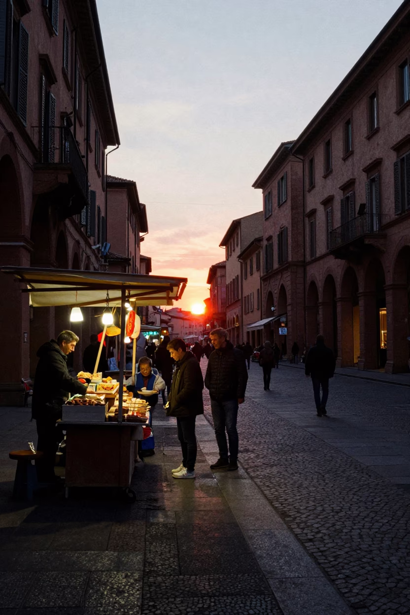 Bologna Italy street scene at dusk with traditional food vendor and historic architecture in in Bologna, Italy