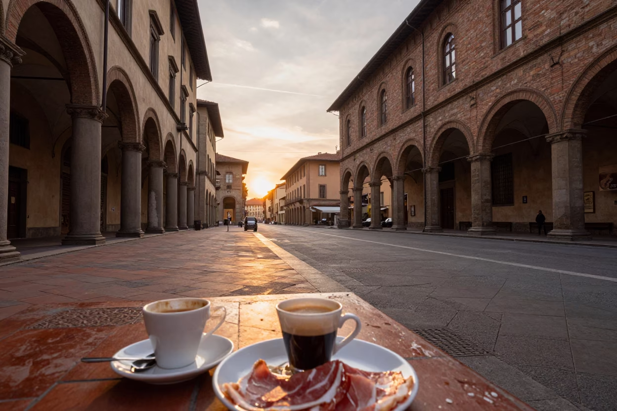 Bologna Italy Street Scene at Sunset with Espresso Cup and Historic Architecture in in Bologna, Italy