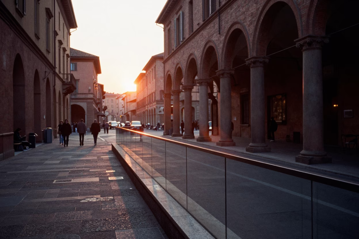 Bologna Italy Street Scene at Sunset with Glass Rail and Urban Architecture in in Bologna, Italy